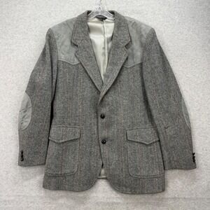Pendleton Western Wool Blazer Mens 44 Long Gray Herringbone Suede Yoke Elbow
